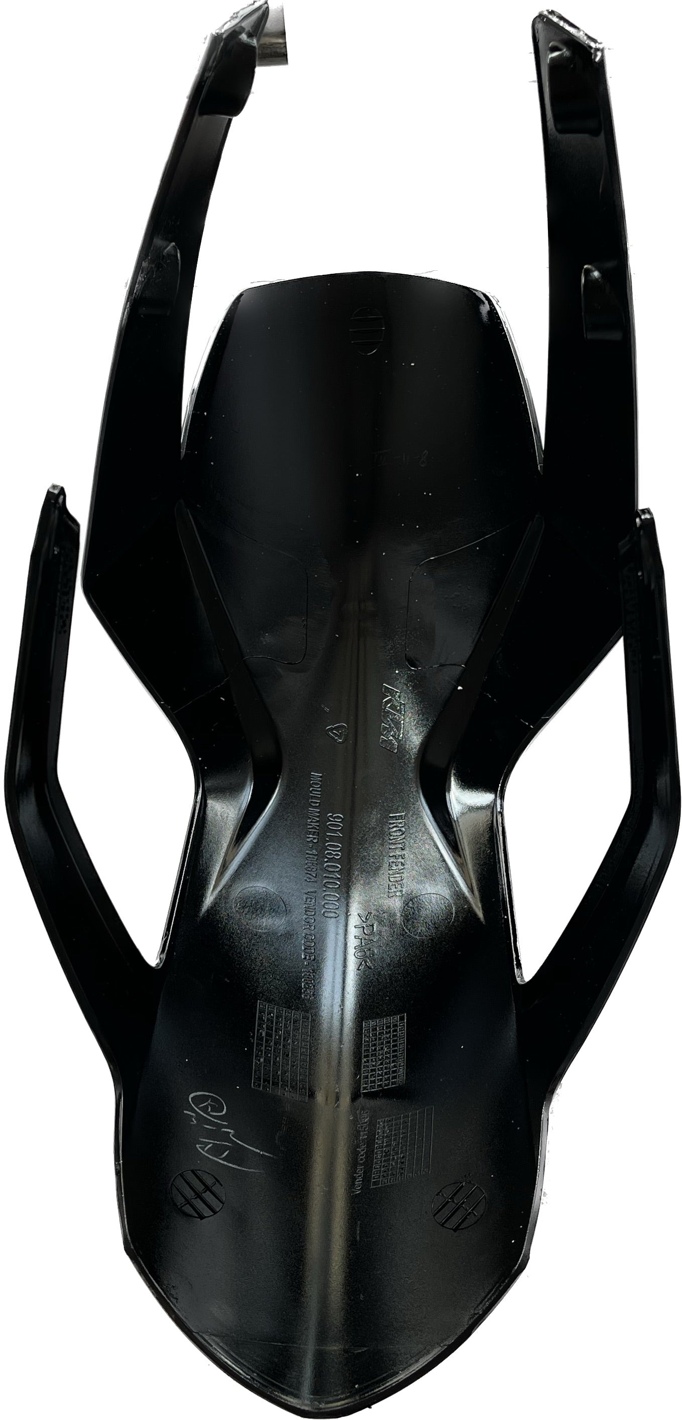 Black motorcycle fairing panel part with mounting points and glossy finish on white background