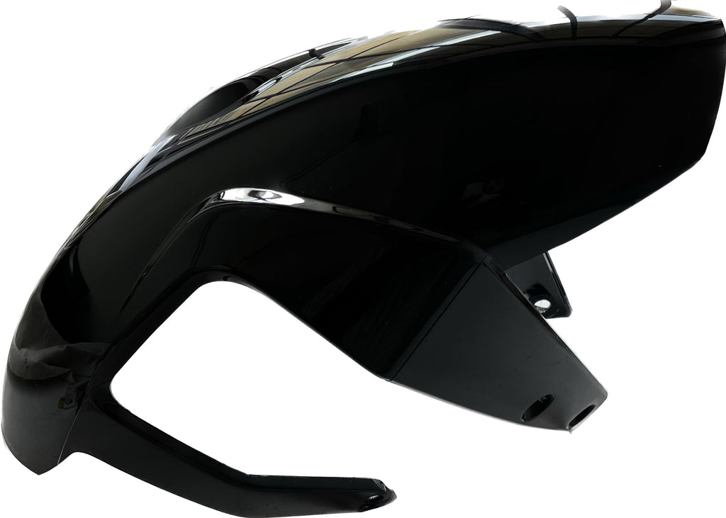Glossy black motorcycle front fender with aerodynamic design on white background