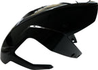 Glossy black motorcycle front fender with aerodynamic design on white background