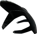 Glossy black motorcycle front fender with mounting brackets on white background