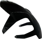 Glossy black motorcycle front fender with mounting brackets on white background
