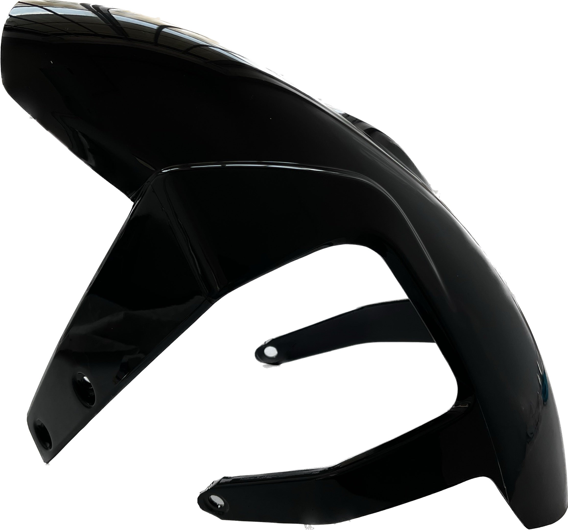 Glossy black motorcycle front fender with mounting brackets on white background