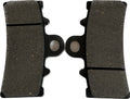 Pair of motorcycle brake pads with dark friction material on a white background