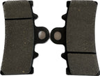Pair of motorcycle brake pads with dark friction material on a white background