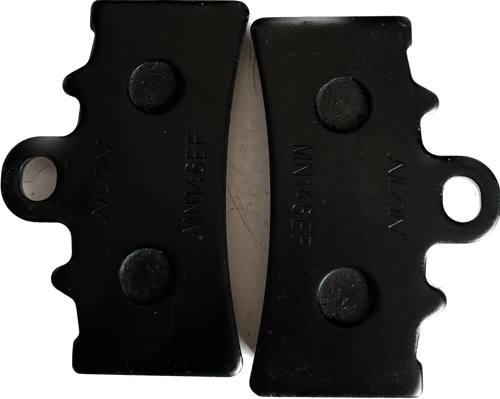 Front view of a pair of black motorcycle brake pads with visible MN146EF marking