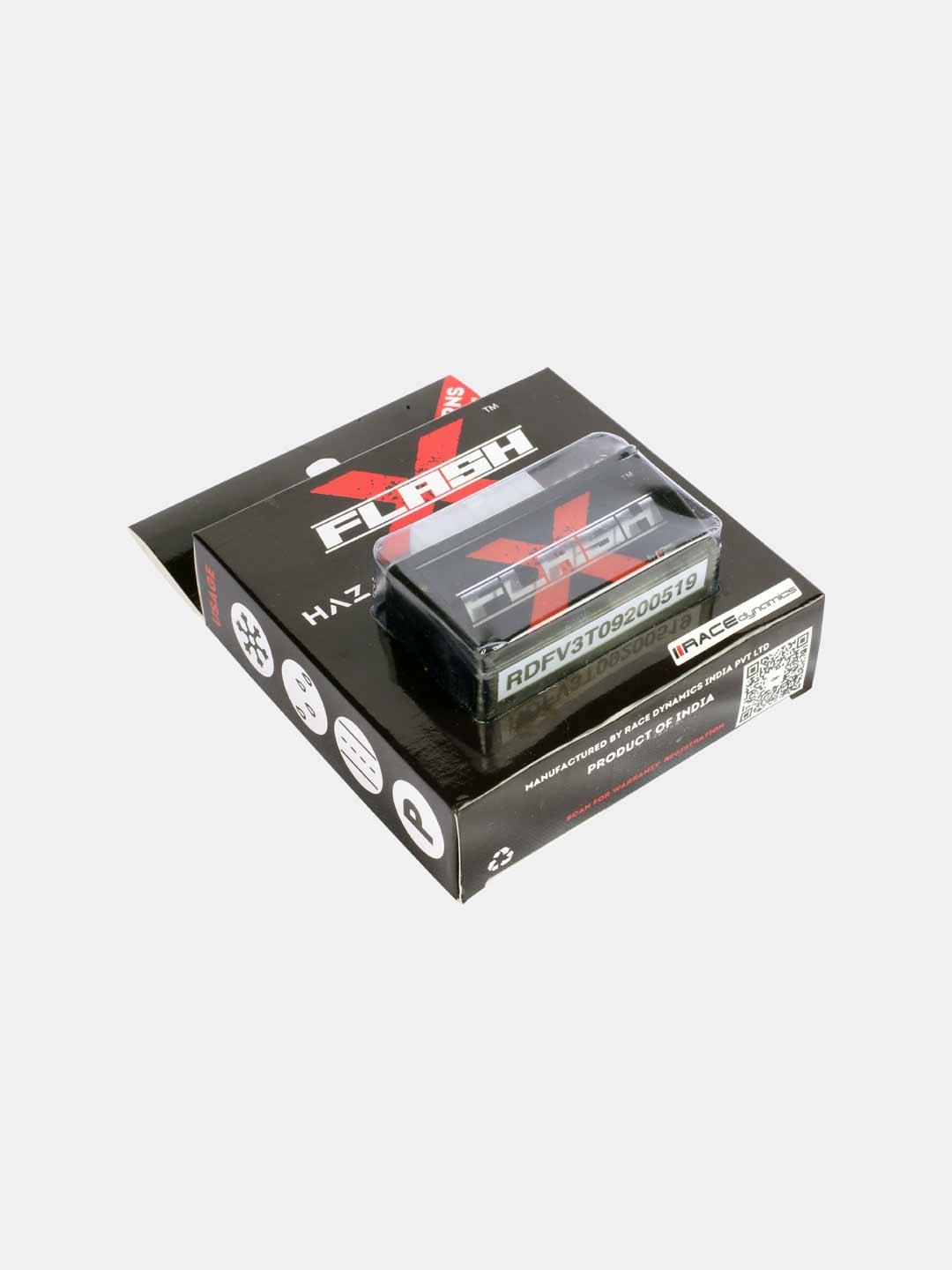 Flash X hazard module for KTM RC 390 motorcycle, packaged on branded black box