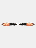 Pair of motorcycle LED turn signal indicators with amber lights on white background