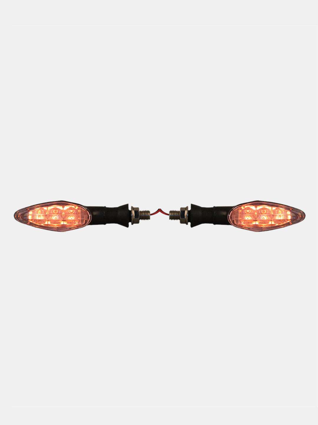 Pair of motorcycle LED turn signal indicators with amber lights on white background