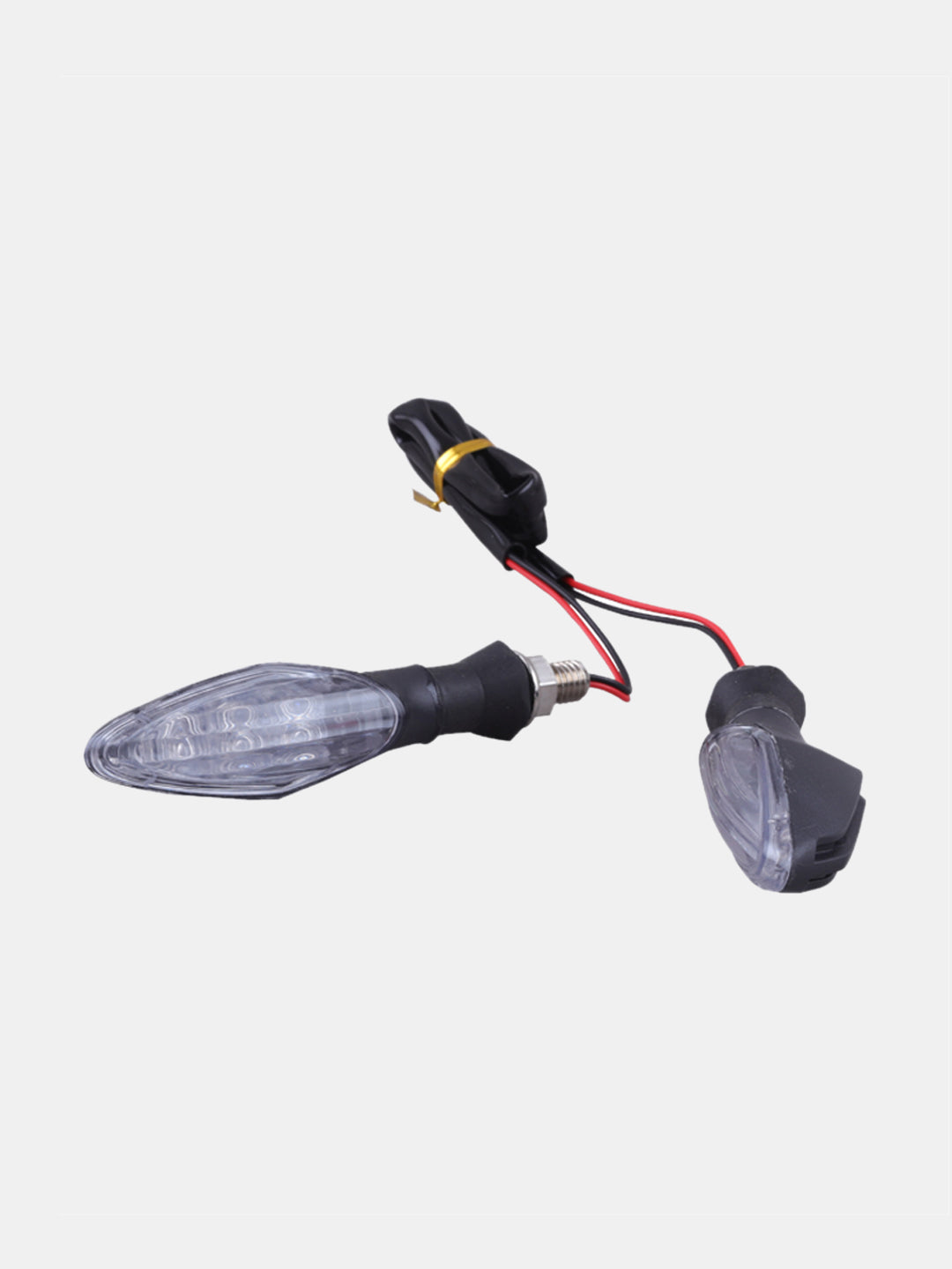 Pair of motorcycle LED turn signal indicators with clear lens and black housing on white background