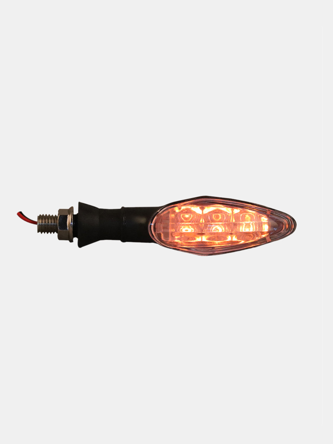 LED motorcycle turn signal indicator light with amber glow on white background