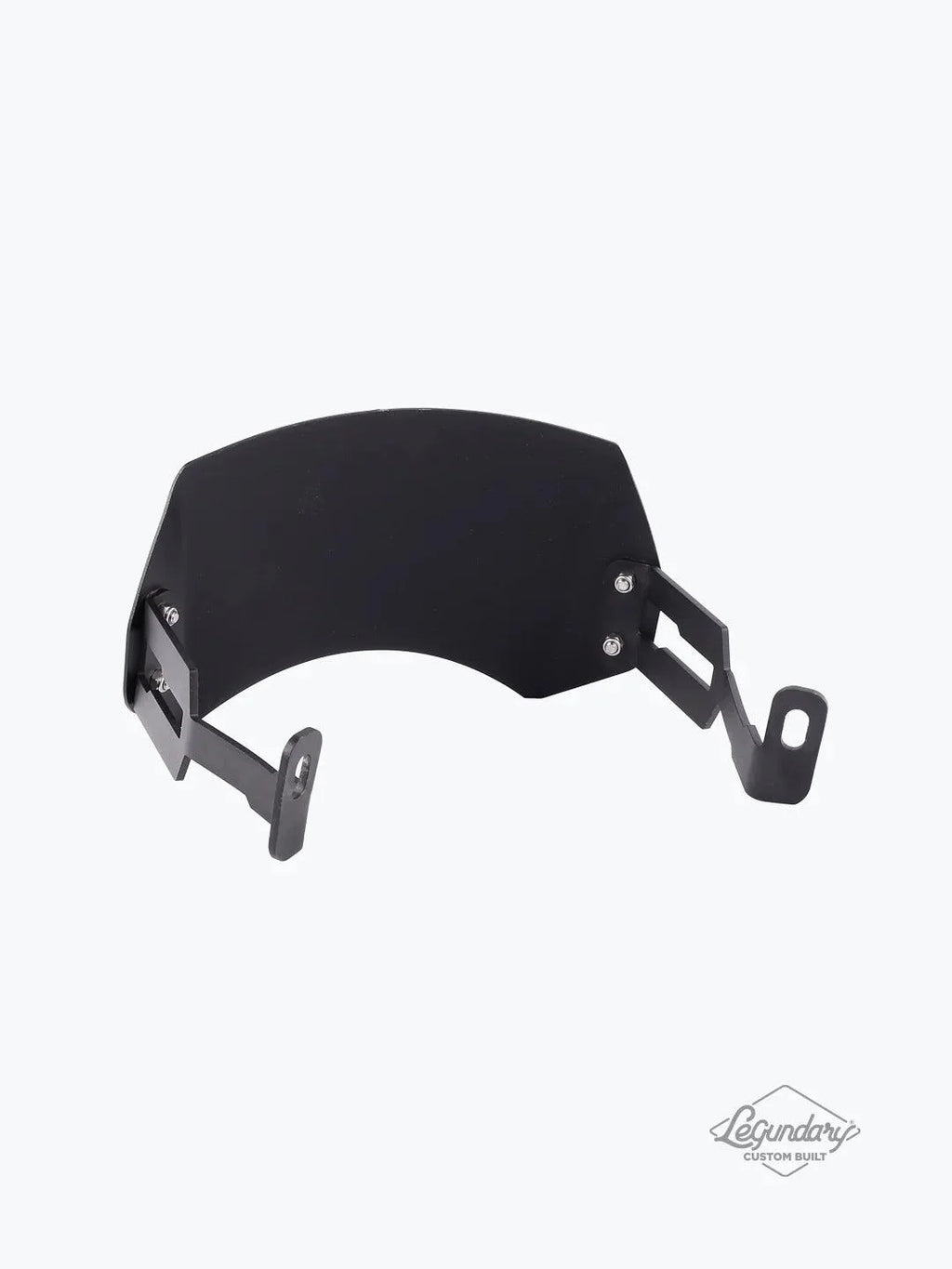 Black metal motorcycle helmet visor with mounting brackets on a white background