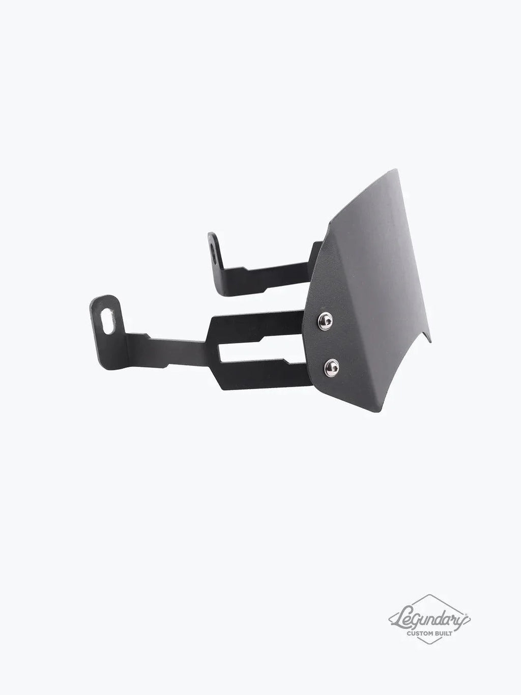 Black metal motorcycle visor with mounting brackets on a plain background
