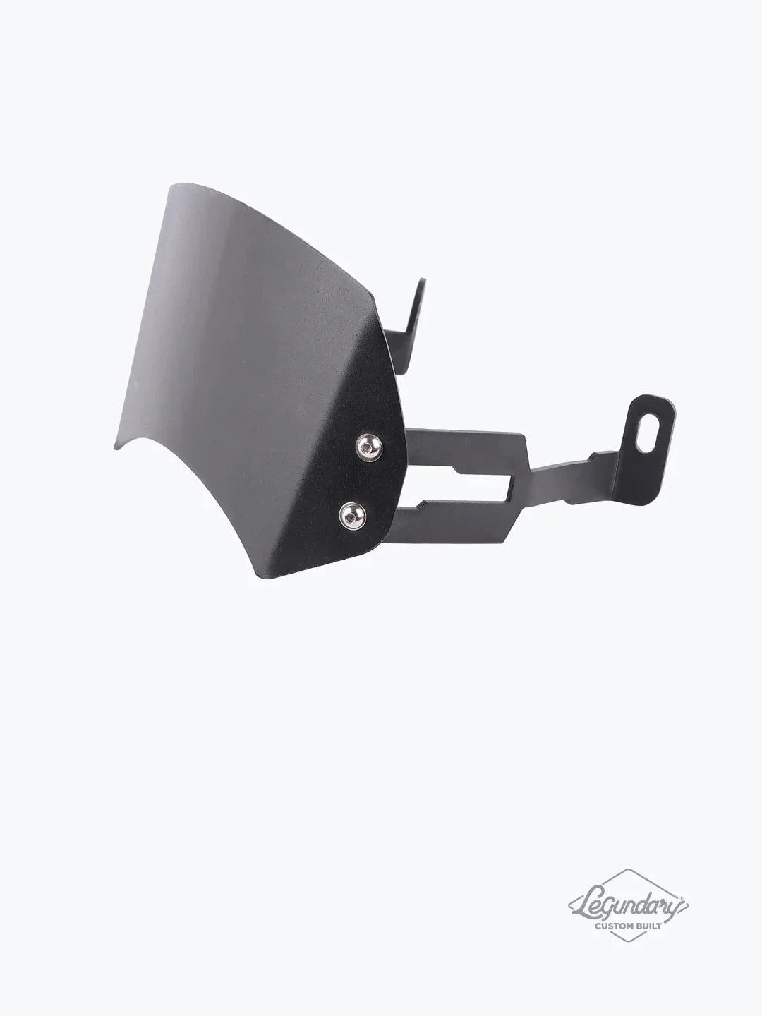 Black metal motorcycle visor with mounting bracket, isolated on a white background