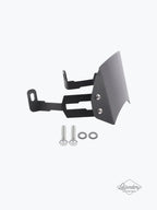 Black metal motorcycle visor kit with mounting brackets, bolts, and washers on white background