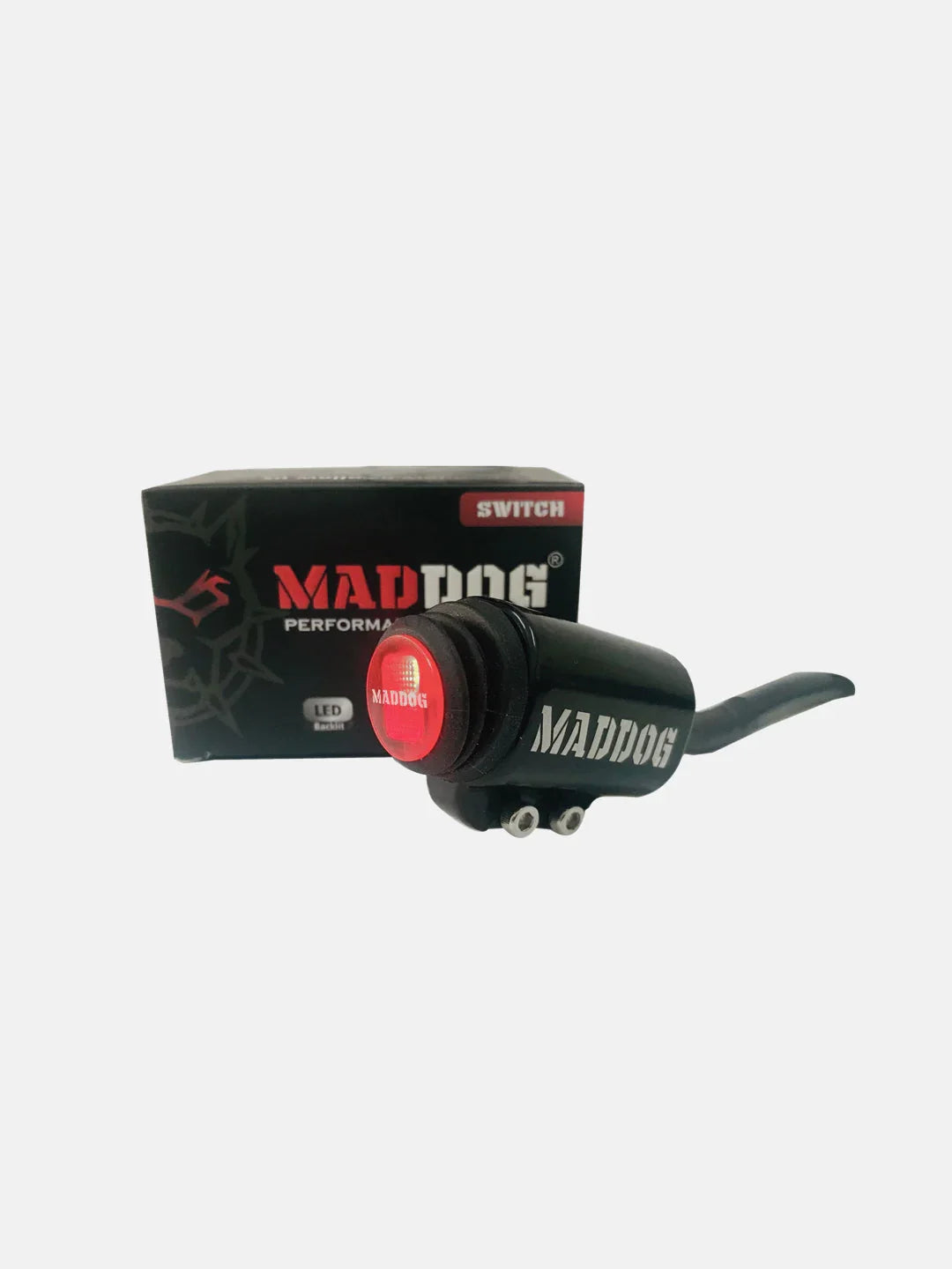 Motorcycle handlebar LED switch with red button and MAD DOG branding, black box packaging