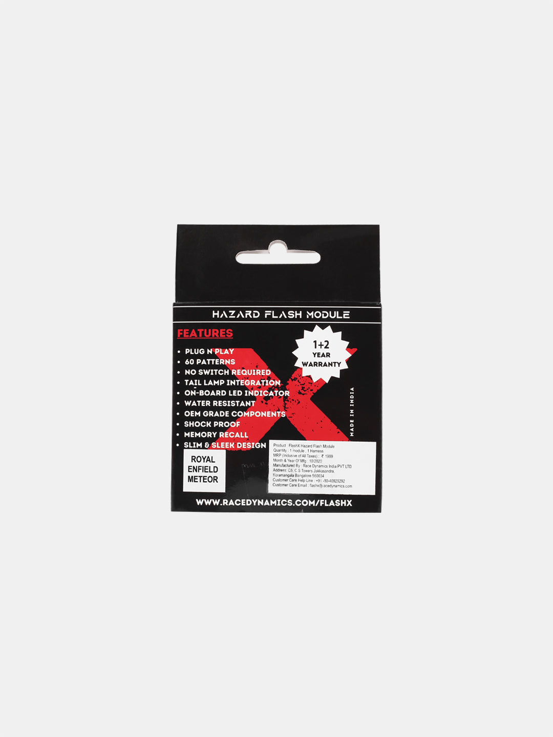Hazard flash module packaging for Royal Enfield Meteor with features listed on black box