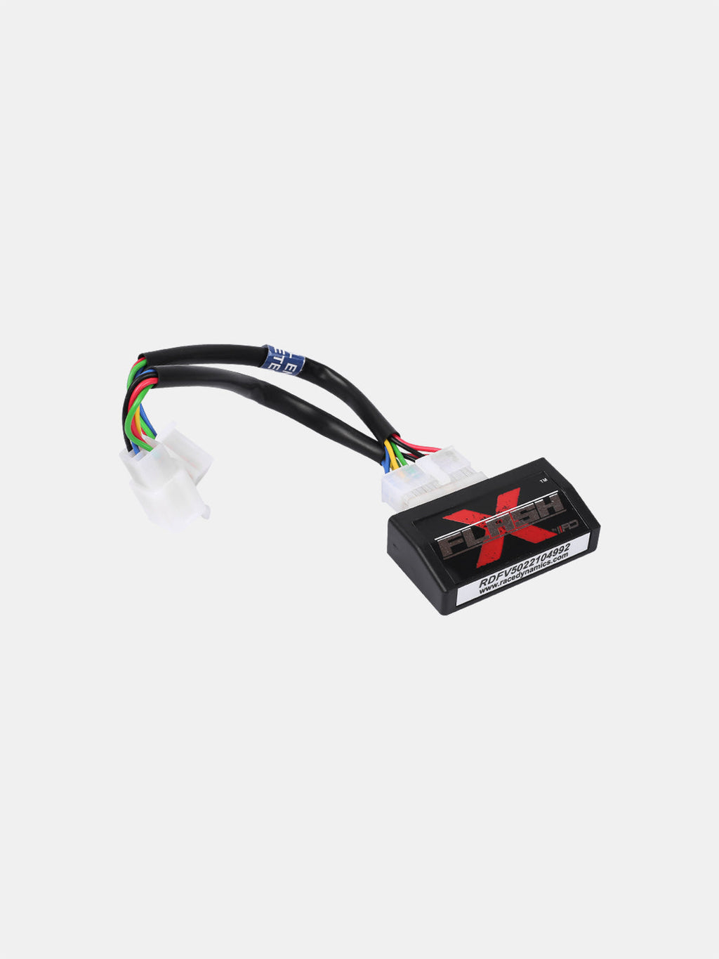 Motorcycle performance ECU control module with multi-colored wiring harness on white background