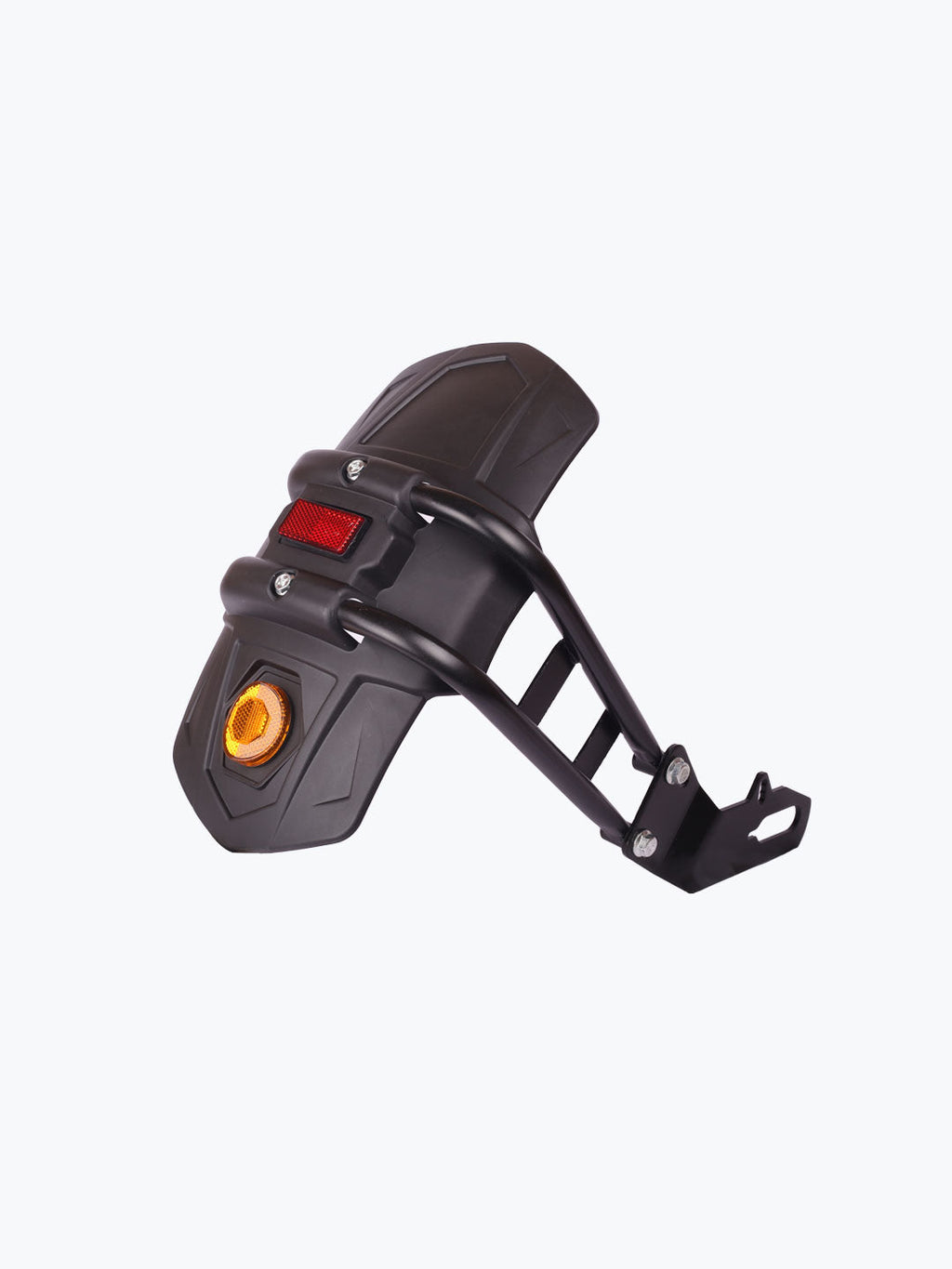 Black motorcycle rear mudguard with red reflector and orange marker light on white background