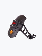 Black motorcycle rear mudguard with red reflector and orange marker light on white background