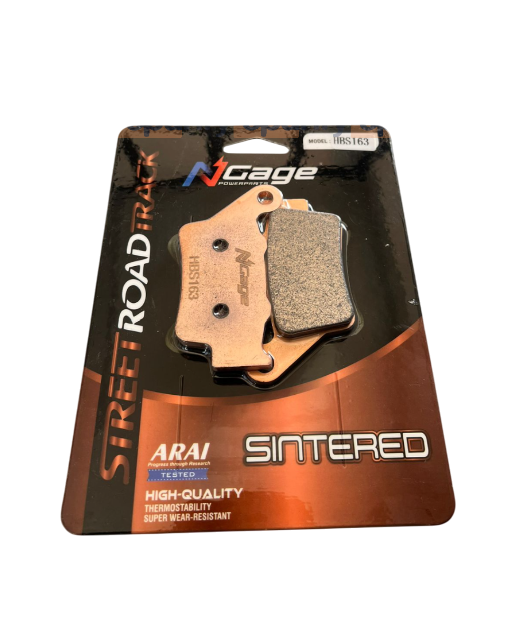 N-Cage sintered motorcycle brake pads in retail packaging, model HBS163