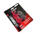 Red ceramic motorcycle brake pads in retail packaging labeled Whisker Ceramic.