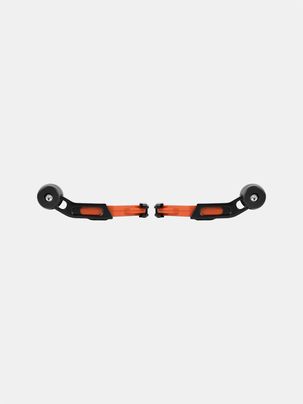 Pair of orange and black motorcycle handlebar protectors on white background