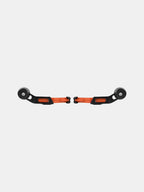 Pair of orange and black motorcycle handlebar protectors on white background
