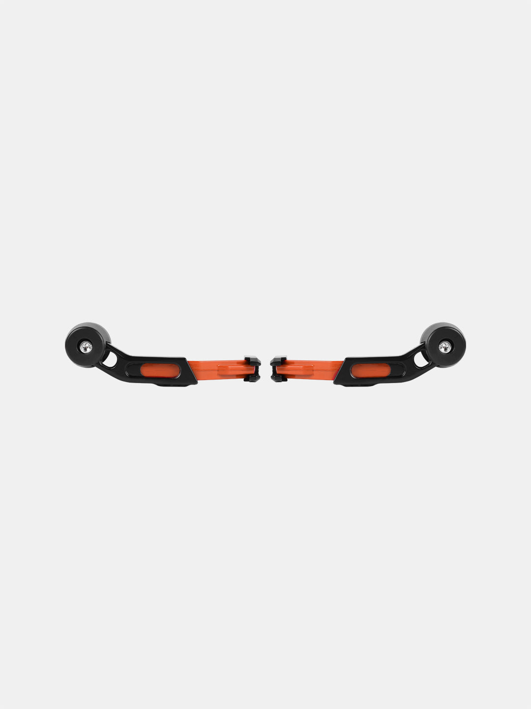 Pair of orange and black motorcycle handlebar protectors on white background