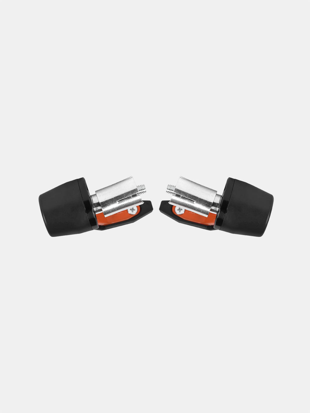 Pair of black and orange motorcycle handlebar end caps with metal bolts on white background