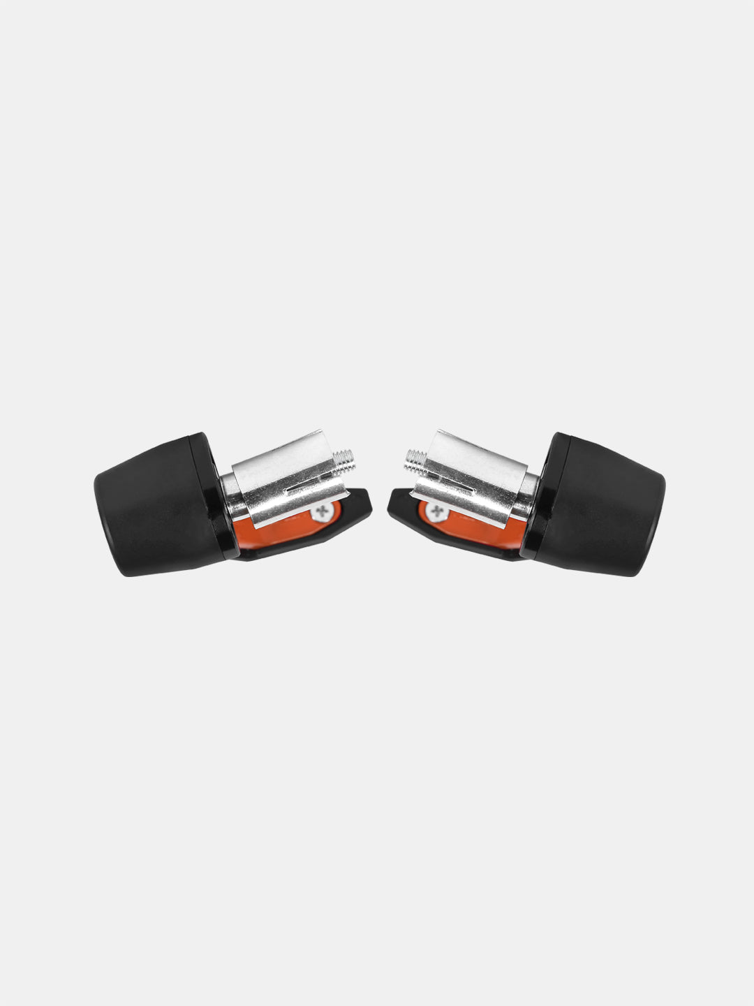 Pair of black and orange motorcycle handlebar end caps with metal bolts on white background