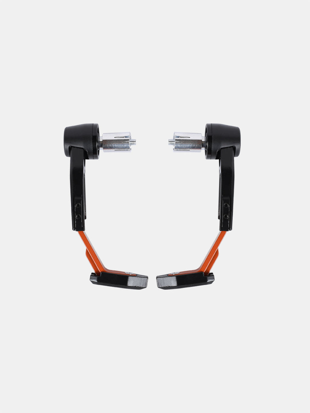 Pair of orange and black motorcycle handlebar guards with metal mounts on white background