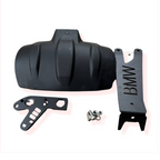 Motorcycle rear mudguard kit with mounting brackets, BMW logo, and screws on white background