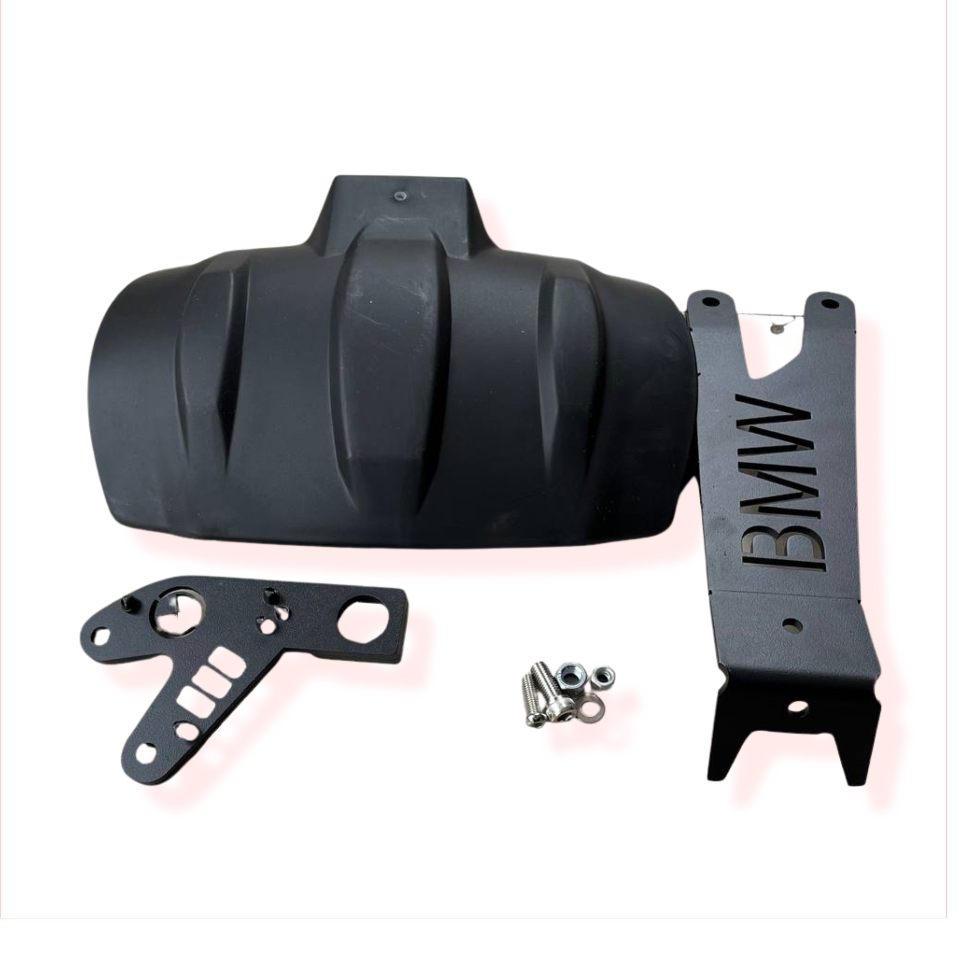 Motorcycle rear mudguard kit with mounting brackets, BMW logo, and screws on white background