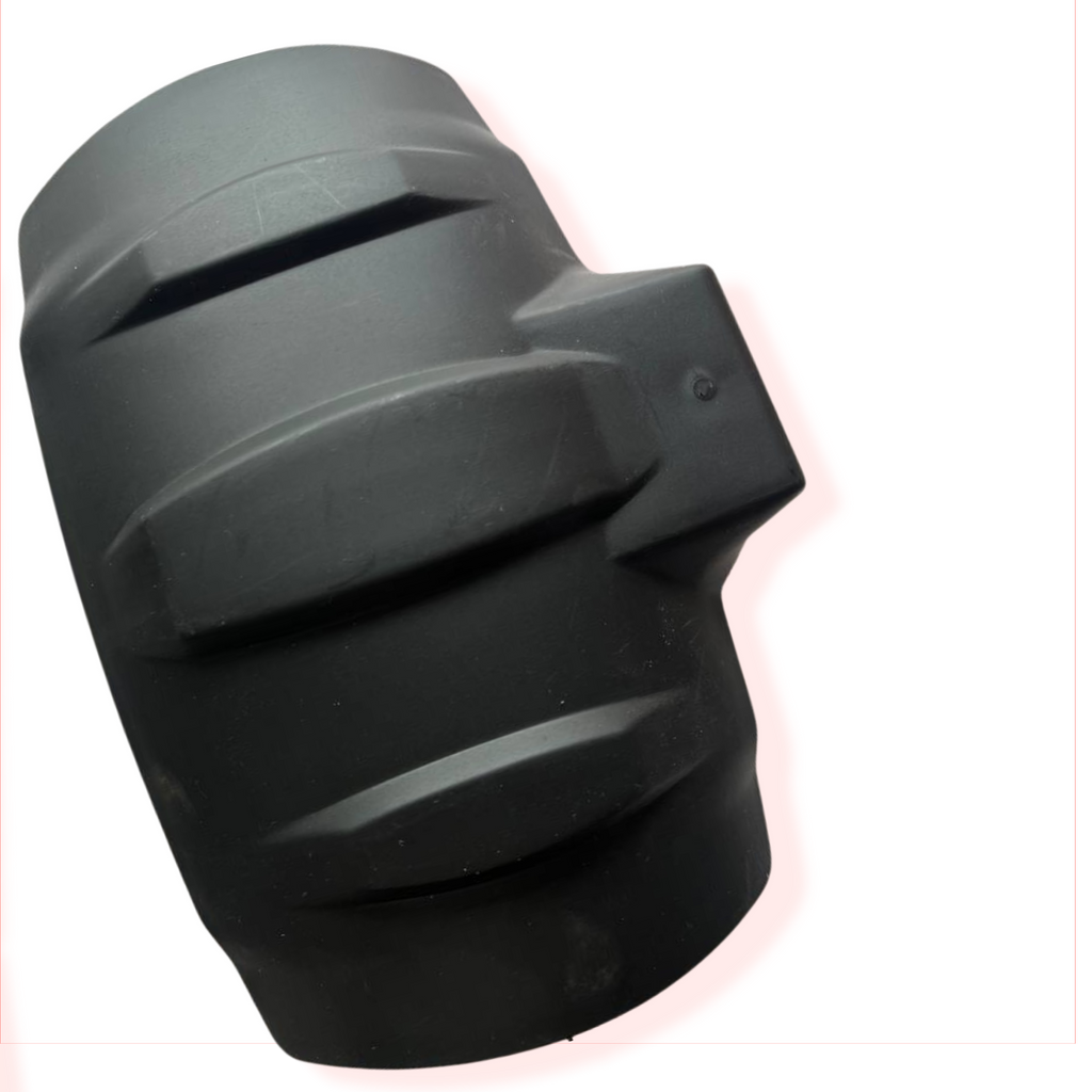 Black motorcycle fender with angular design and matte finish on white background.