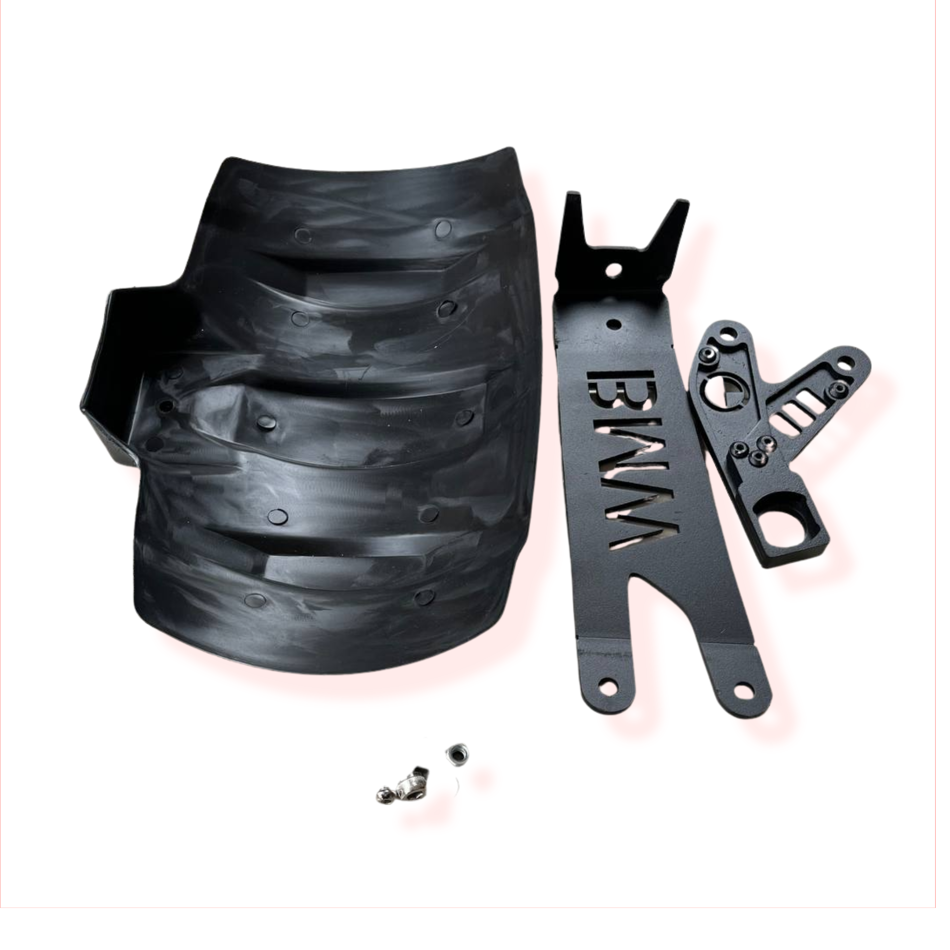 Black motorcycle fender and mounting bracket kit with BMW lettering, flat layout