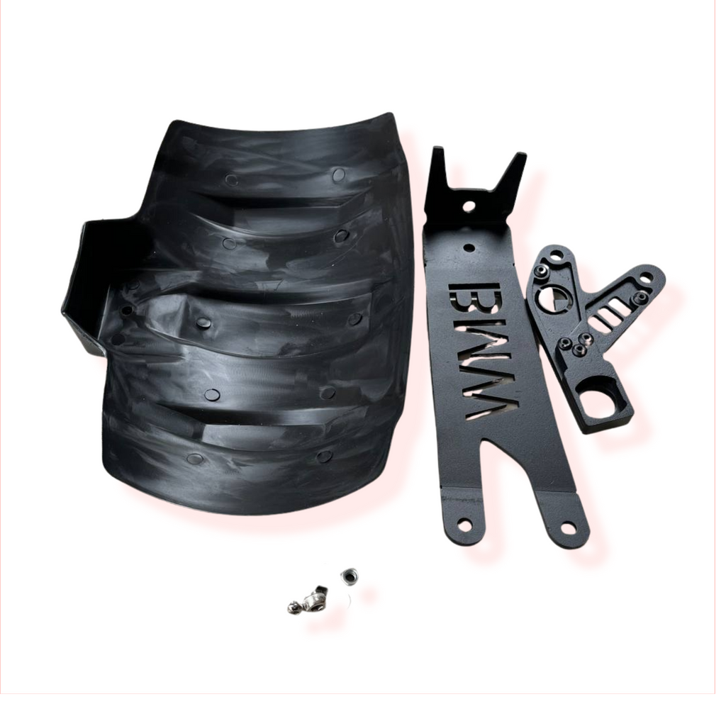 Black motorcycle skid plate kit with mounting bracket and hardware, suitable for BMW models