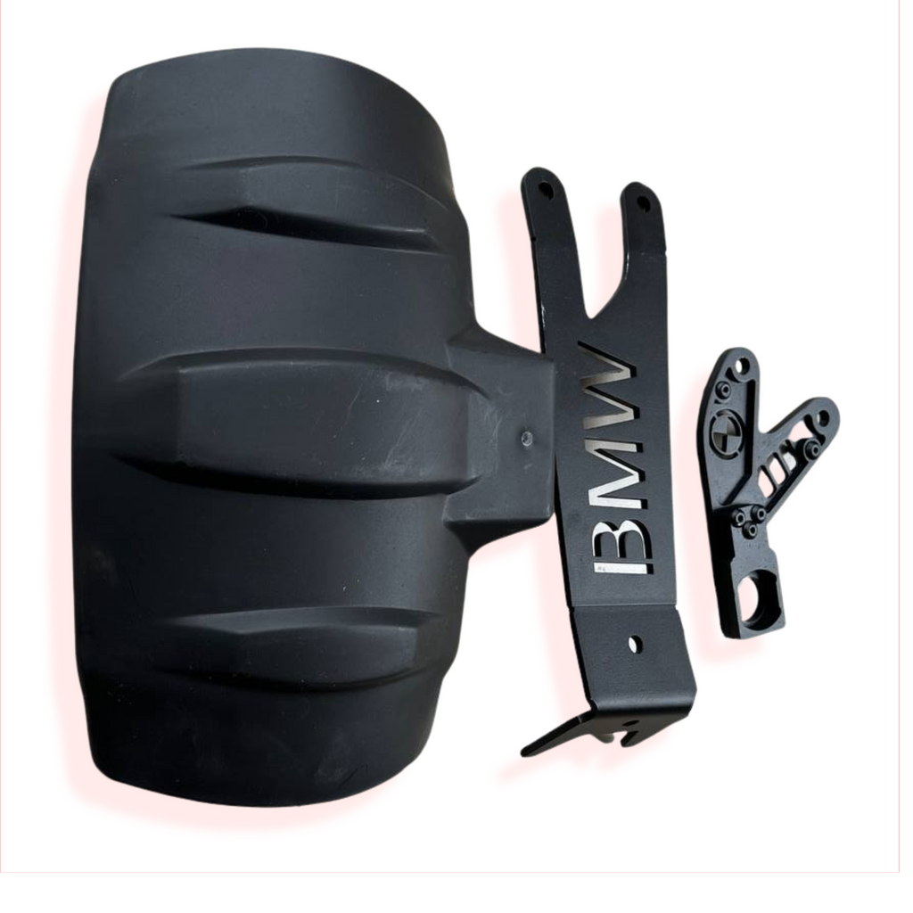 Black motorcycle rear fender and mounting brackets with BMW lettering, isolated on white background.
