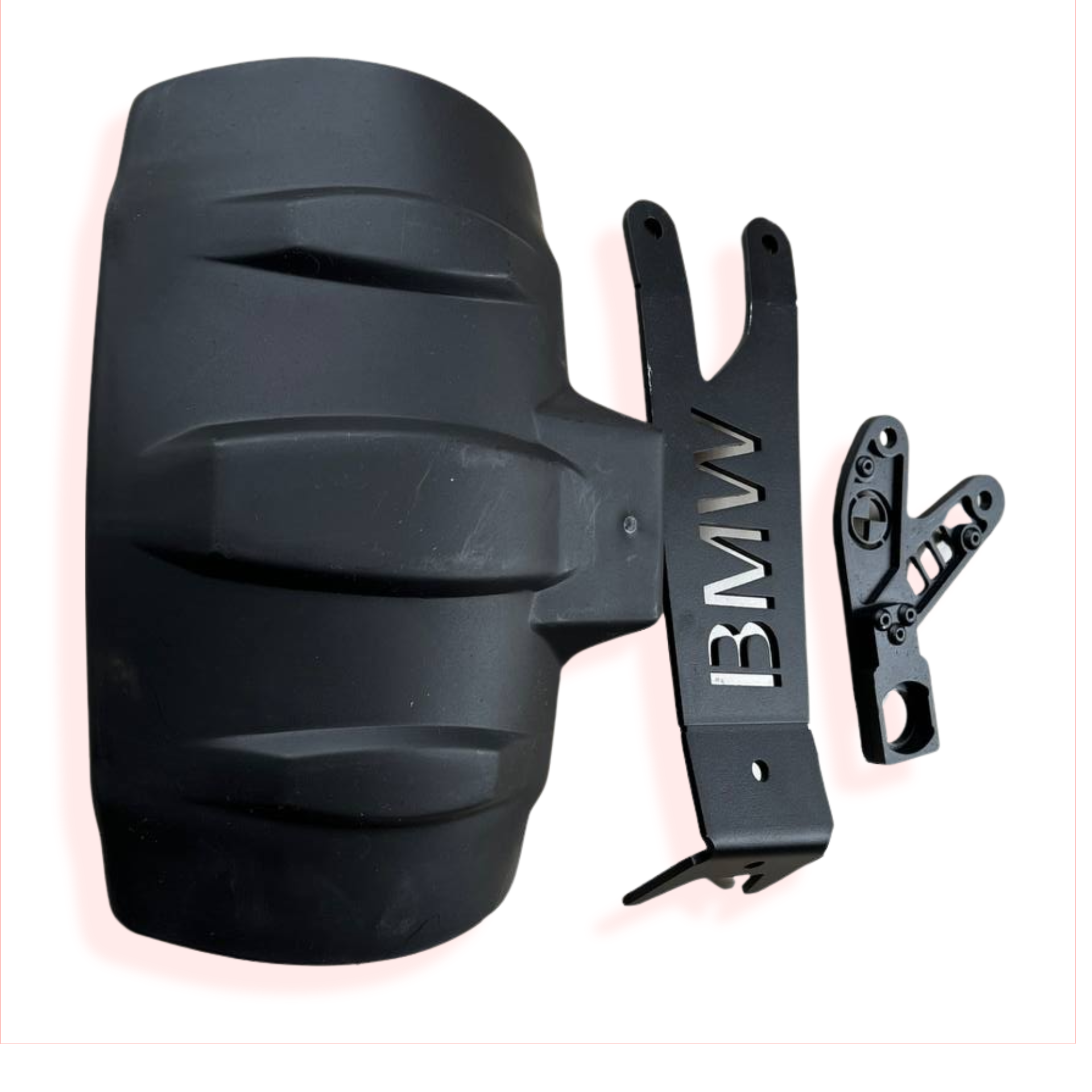 Black motorcycle rear fender kit with mounts and BMW cutout for BMW bikes