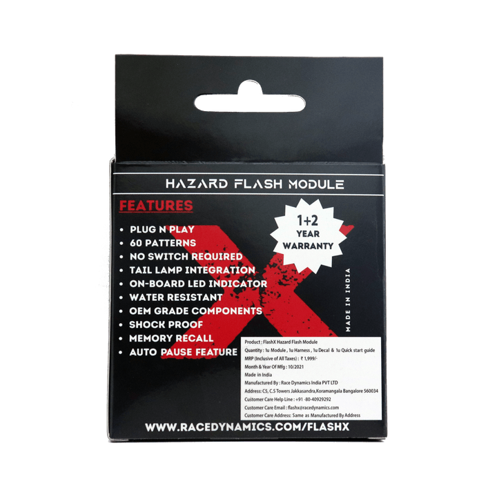 Hazard flash module package for motorcycle, features listed, black and red design