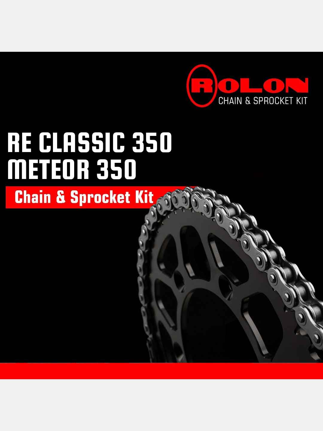 RE Classic 350 Meteor 350 motorcycle chain and sprocket kit close-up on black background
