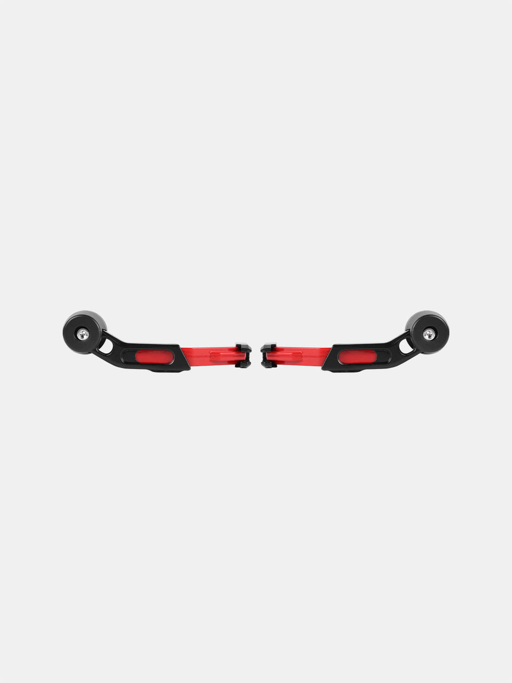 Red and black motorcycle handlebar guards with sliders on white background