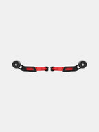 Red and black motorcycle handlebar guards with sliders on white background