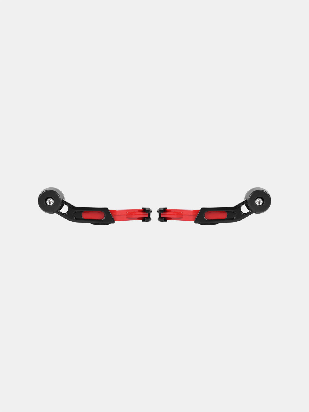 Red and black motorcycle handlebar guards with sliders on white background