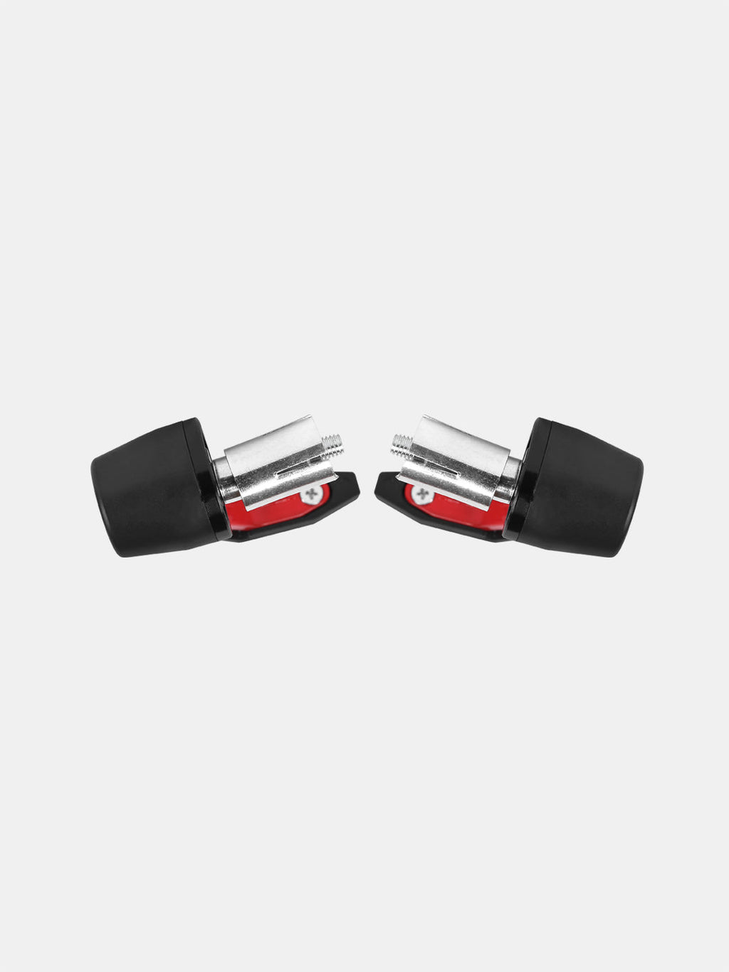 Pair of black and red motorcycle handlebar end weights with metal bolts on white background