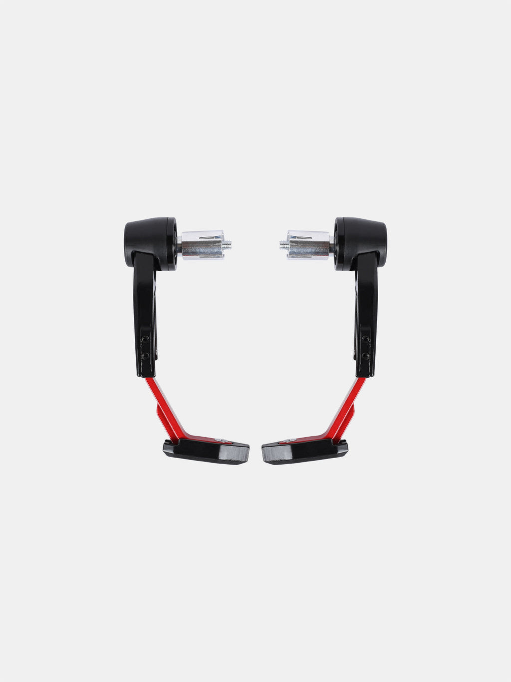 Red and black motorcycle handlebar protectors with mounting hardware on white background