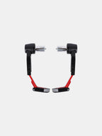 Red and black motorcycle handlebar protectors with mounting hardware on white background