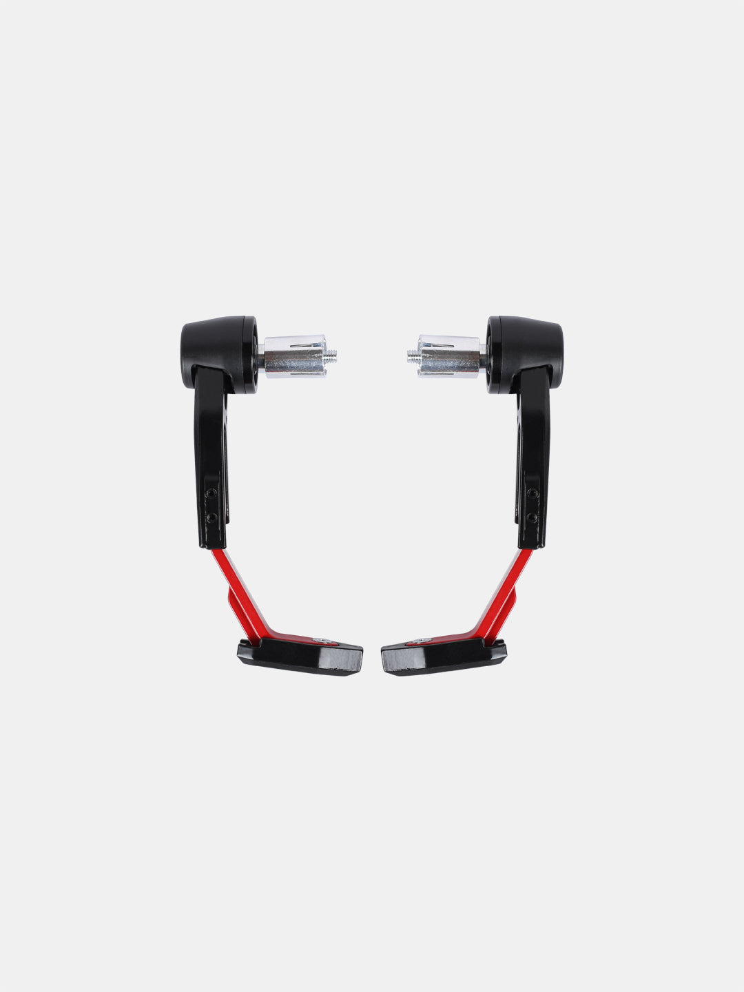 Red and black motorcycle handlebar protectors with mounting hardware on white background