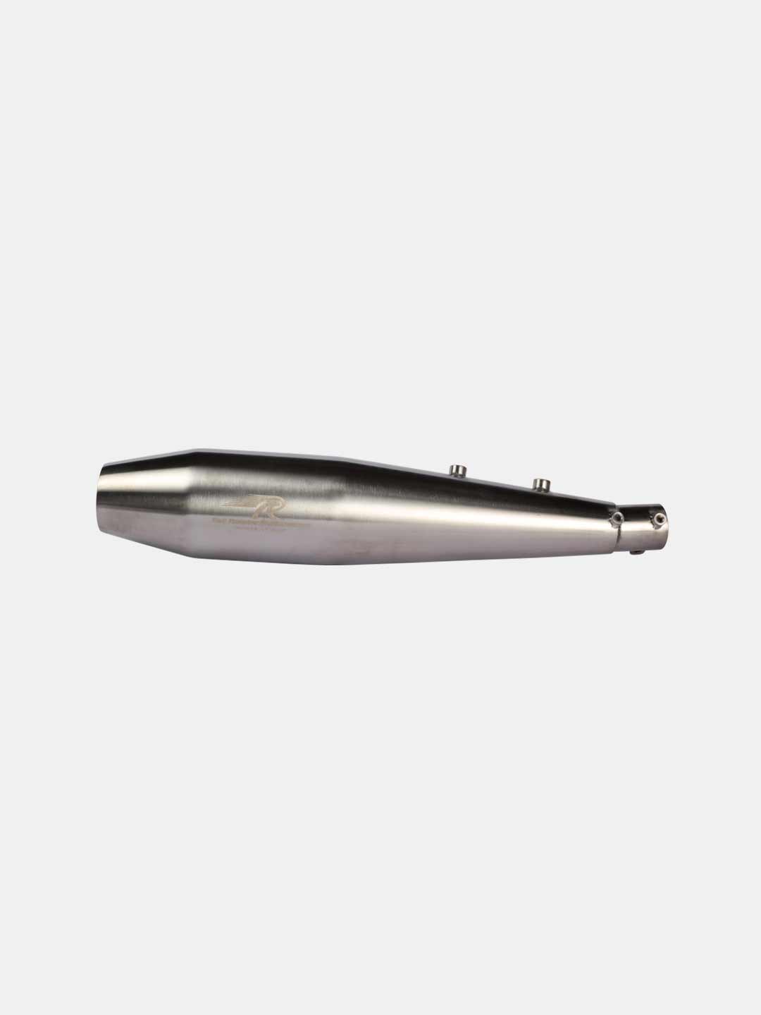 Stainless steel motorcycle exhaust muffler on white background