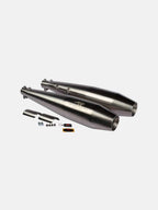Pair of stainless steel motorcycle exhaust mufflers with mounting hardware on white background