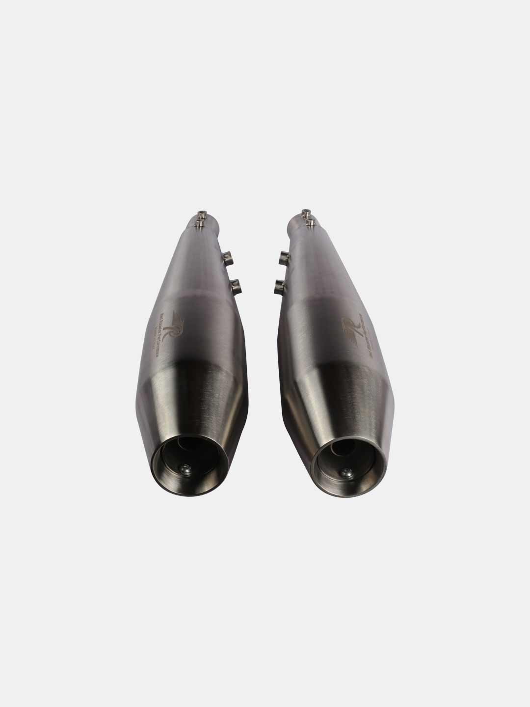 Pair of stainless steel motorcycle exhaust silencers on white background